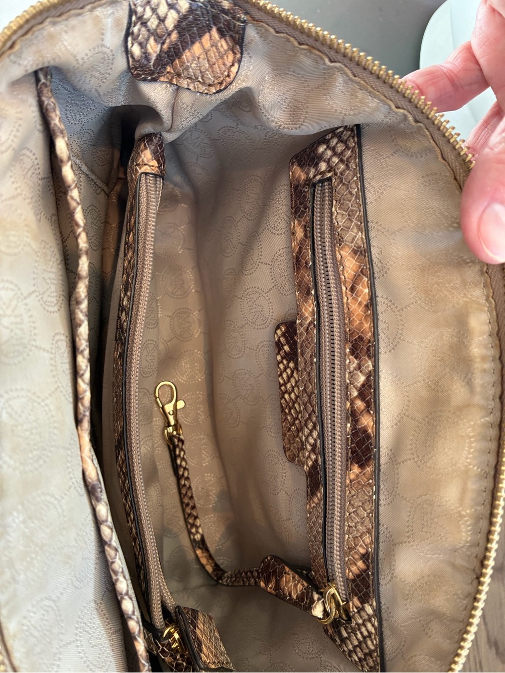 Michael Kors Brown and Tan Astor  Snake-Print Satchel - Picture 11 of 15